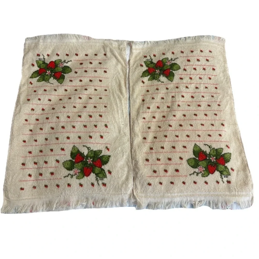 Vtg Rare Set 2 Cannon Monticello Strawberry Cottagecore Hand Towel Fringe